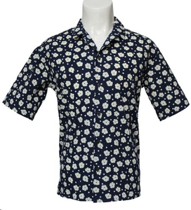 White Printed Cotton Men′s Casual Semi-Sleeved Shirts, Navy Blue Background Printed Shirts