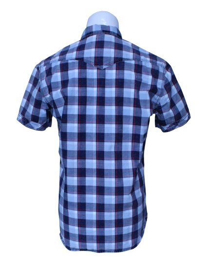 Blue White Grid Cotton Summer Men′s Short Sleeve Shirt