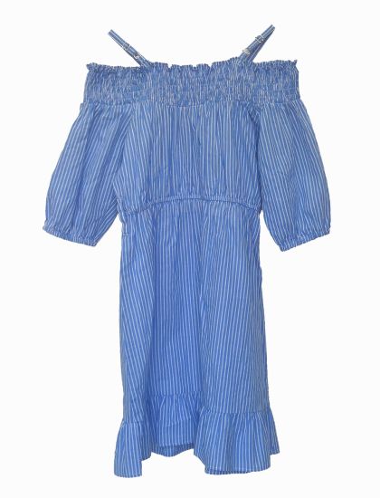 Girl′s Pure Cotton Dresses, off-Shoulder Blue and White Stripe Dresses