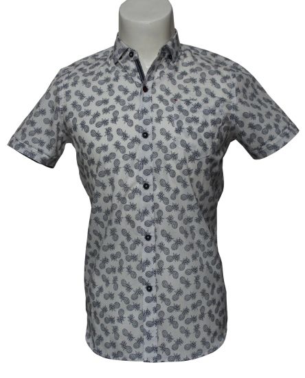 Men′s Black Printed Cotton Casual Short-Sleeved Shirts, White Background Printed Shirts.