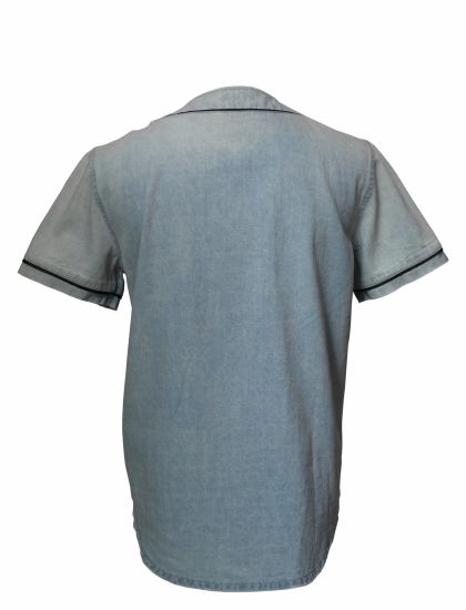 Collarless Short Sleeves Light Blue Denim Shirt for Men