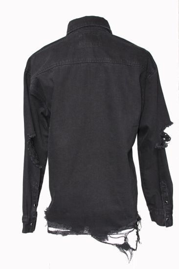 New Arrival Black Badly Ripped Denim Long Sleeve Shirt for Man
