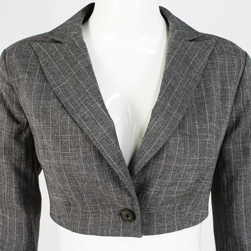 Fashion Grey Striped Double Breasted Button Suit Jacket Cropped Blazer with Skirt Set