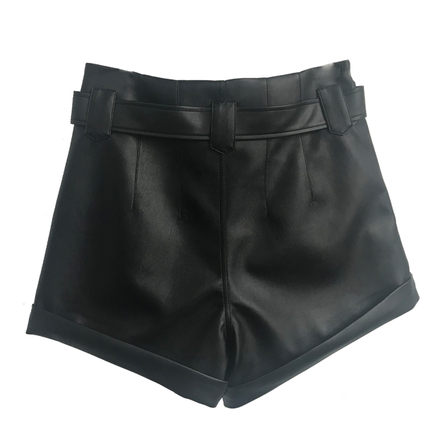 Womens black PU leather high waisted paper bag shorts 