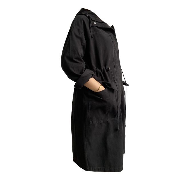 Fashion Knee Long Jackets Black Hoody Windbreaker Casual Cotton Jacket for Women