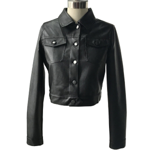 Polyester Black PU Coating Fur Biker Jacket Coat with Shank Buttons for Ladies