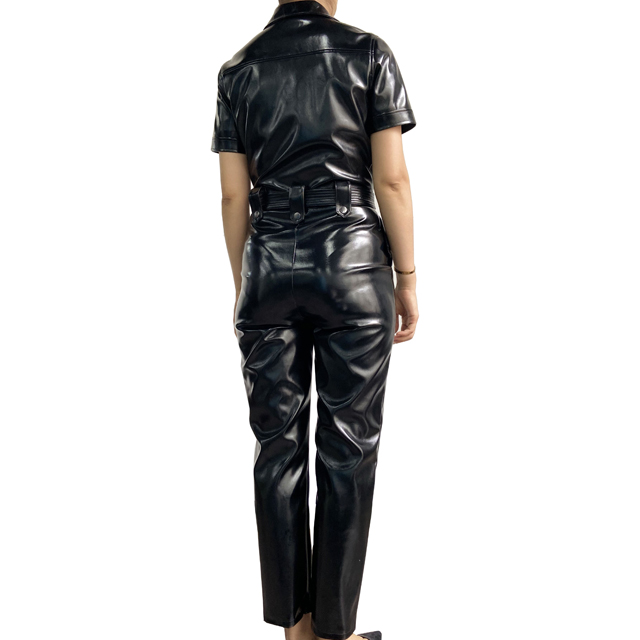 Womens black pu leather jumpsuit with buckle